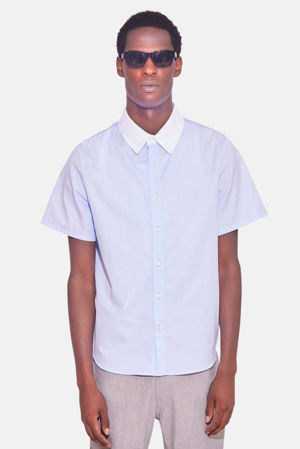 Blue&Cream Poplin Short Sleeve Buttondown - Pale Blue/White Collar