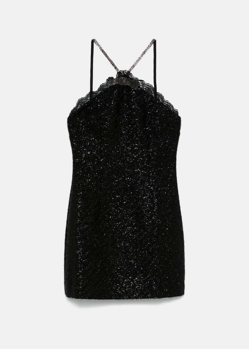 Self-Portrait Tinsel Boucle Halter Mini Dress - Black | Garmentory