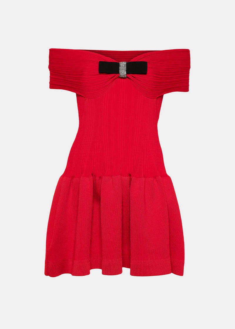 Self-Portrait Knit Bow Mini Dress - Red | Garmentory
