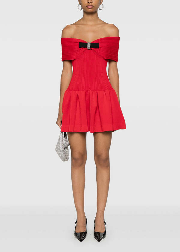 Self-Portrait Knit Bow Mini Dress - Red | Garmentory