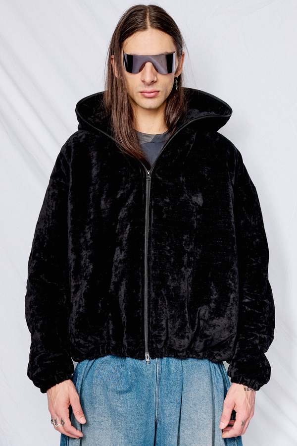 Gabriela Coll Garments Cotton Velvet Puffer Hooded Jacket - Black