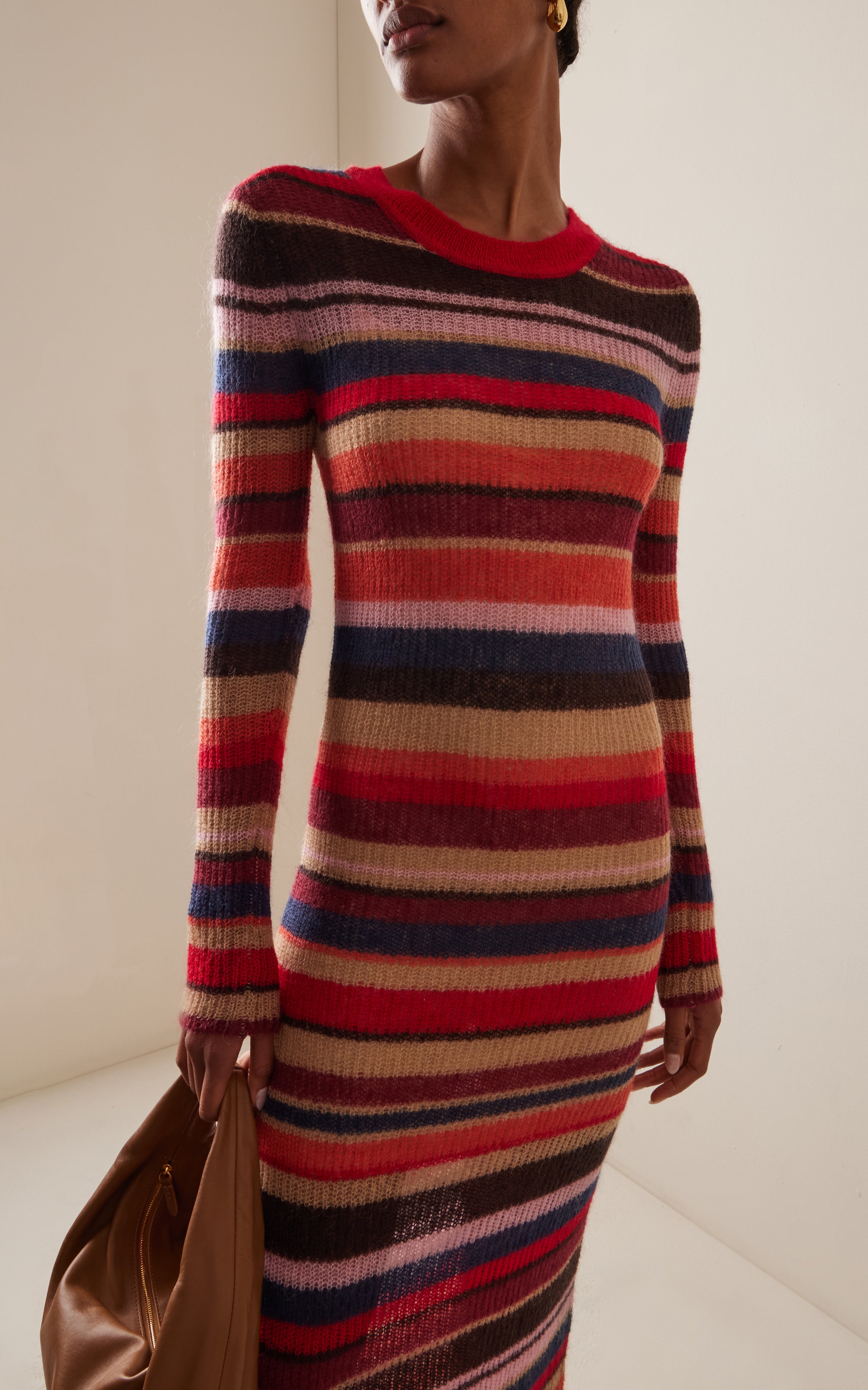 red and brown striped sweater dress Vintage Brown Striped Maxi Sweater Dresses For Women Z81044 main image 1