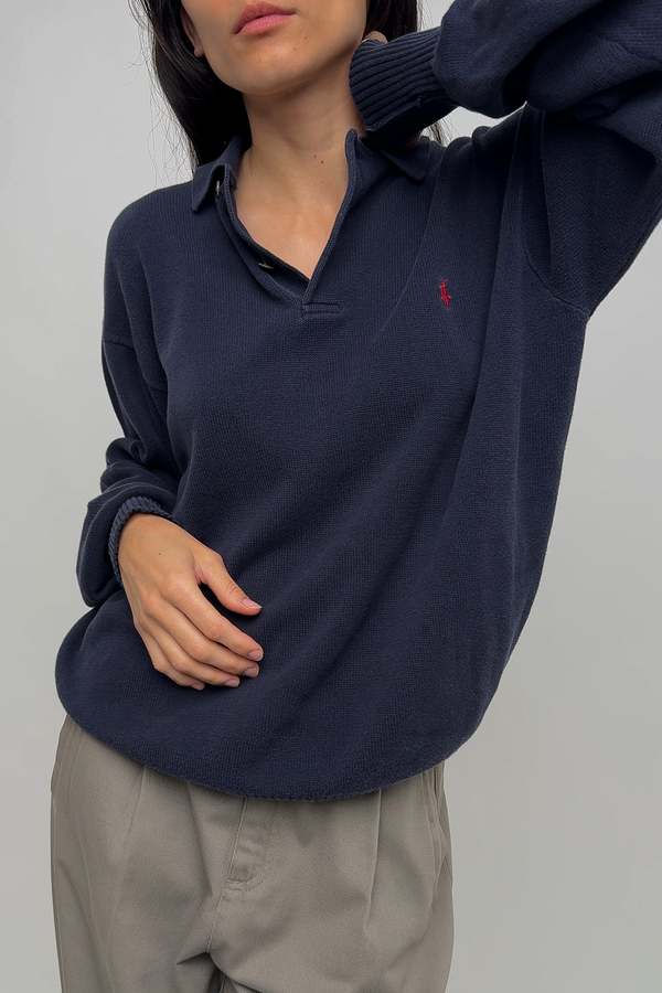 Vintage Ralph Lauren Cotton Knit Polo Sweater - Navy | Garmentory