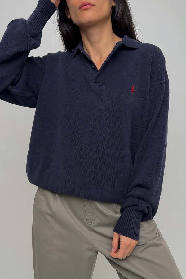Vintage Ralph Lauren Cotton Knit Polo Sweater - Navy | Garmentory