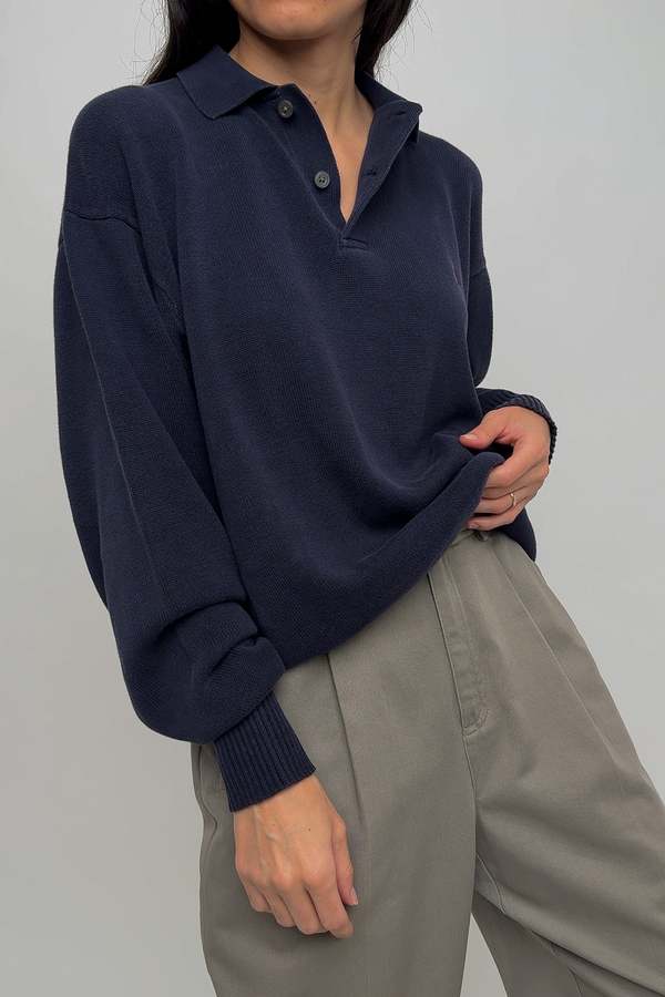 Vintage Ralph Lauren Cotton Knit Polo Sweater - Navy | Garmentory