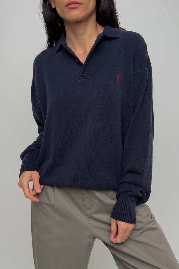 Vintage Ralph Lauren Cotton Knit Polo Sweater - Navy | Garmentory