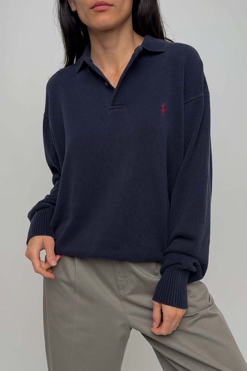 Vintage Ralph Lauren Cotton Knit Polo Sweater - Navy