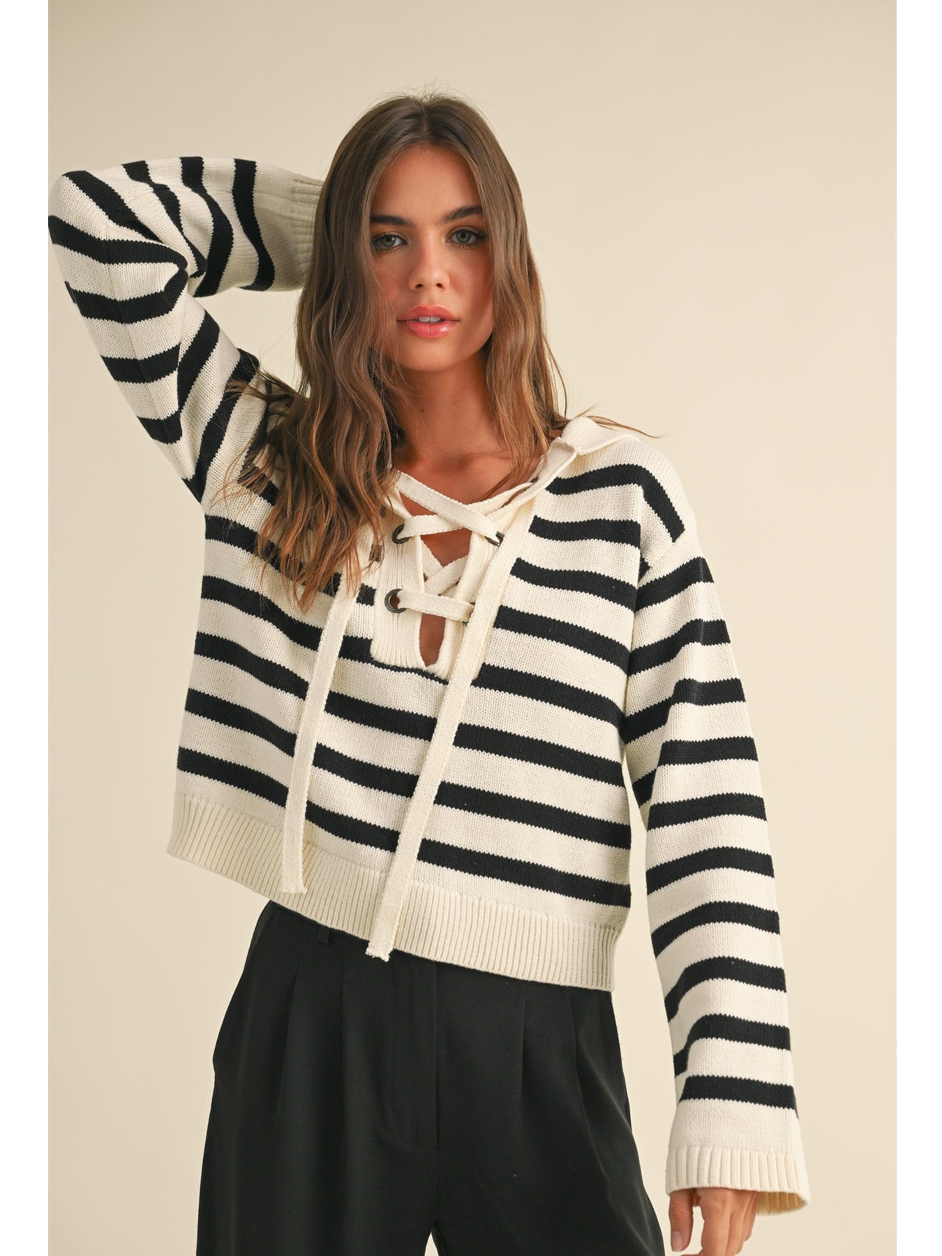 Miou Muse Blare Lace Up Sweater Top - Black Stripe | Garmentory