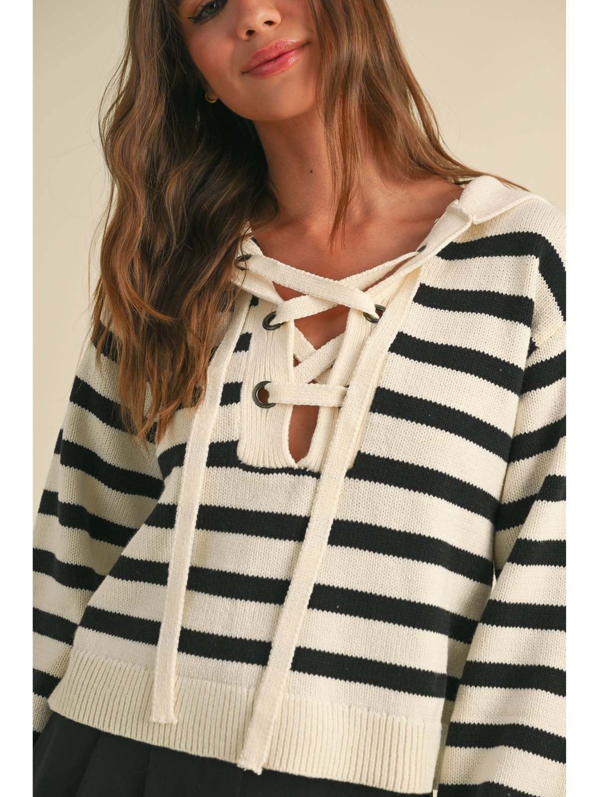 Miou Muse Blare Lace Up Sweater Top - Black Stripe | Garmentory