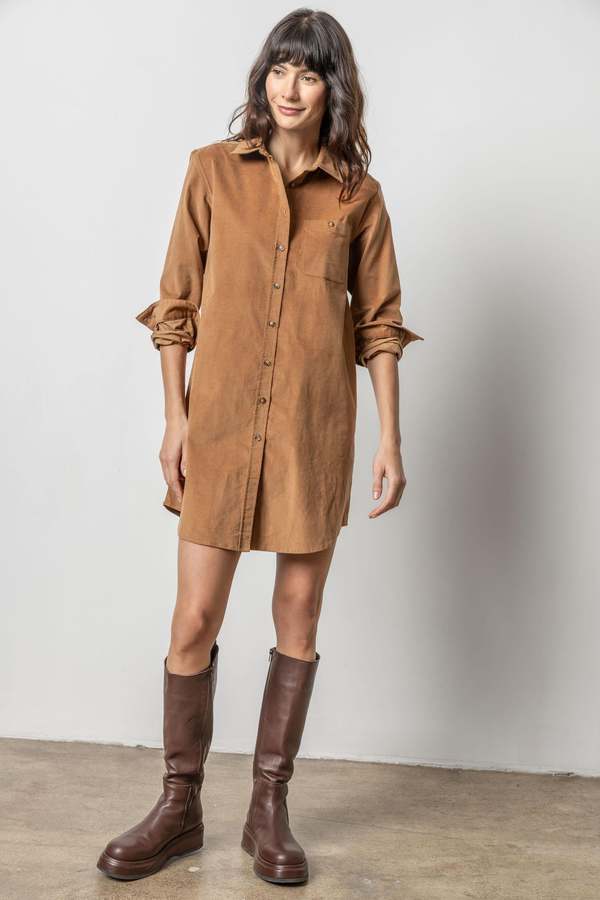 brown corduroy shirt dress Amanda Cord Midi Dress-Raw Umber main image 1