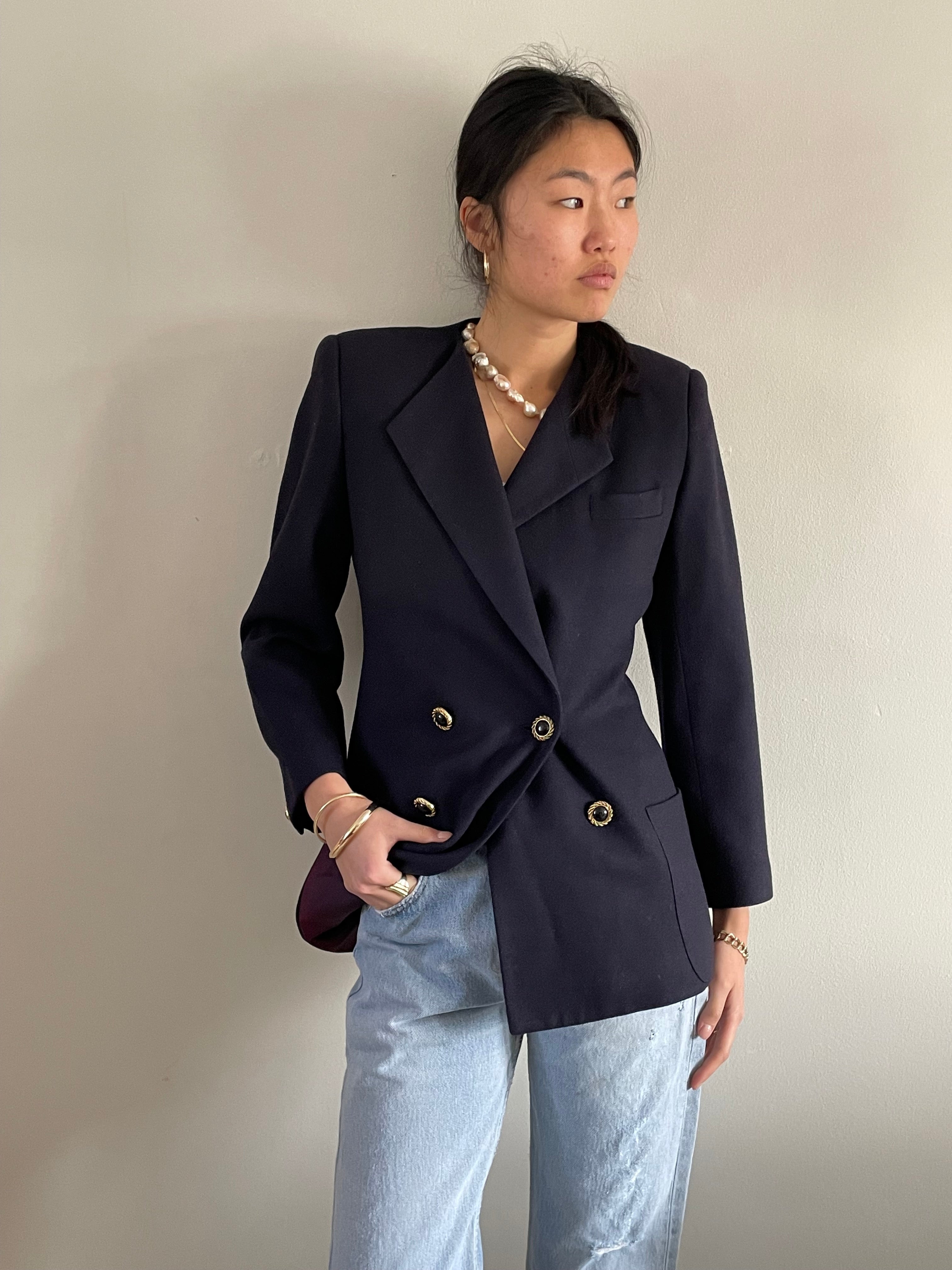ReCAP Vintage Studio double breasted cropped navy blue wool 90s blazer -  Navy Blue | Garmentory