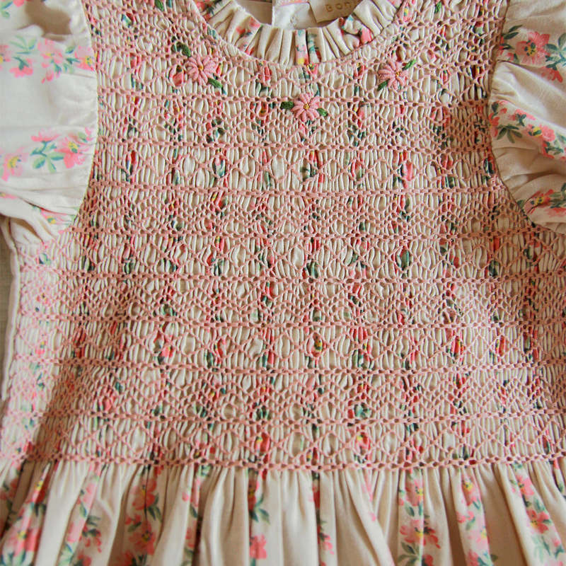 Kids Bonjour Handsmock Dress - Farandole Stripes Flowers