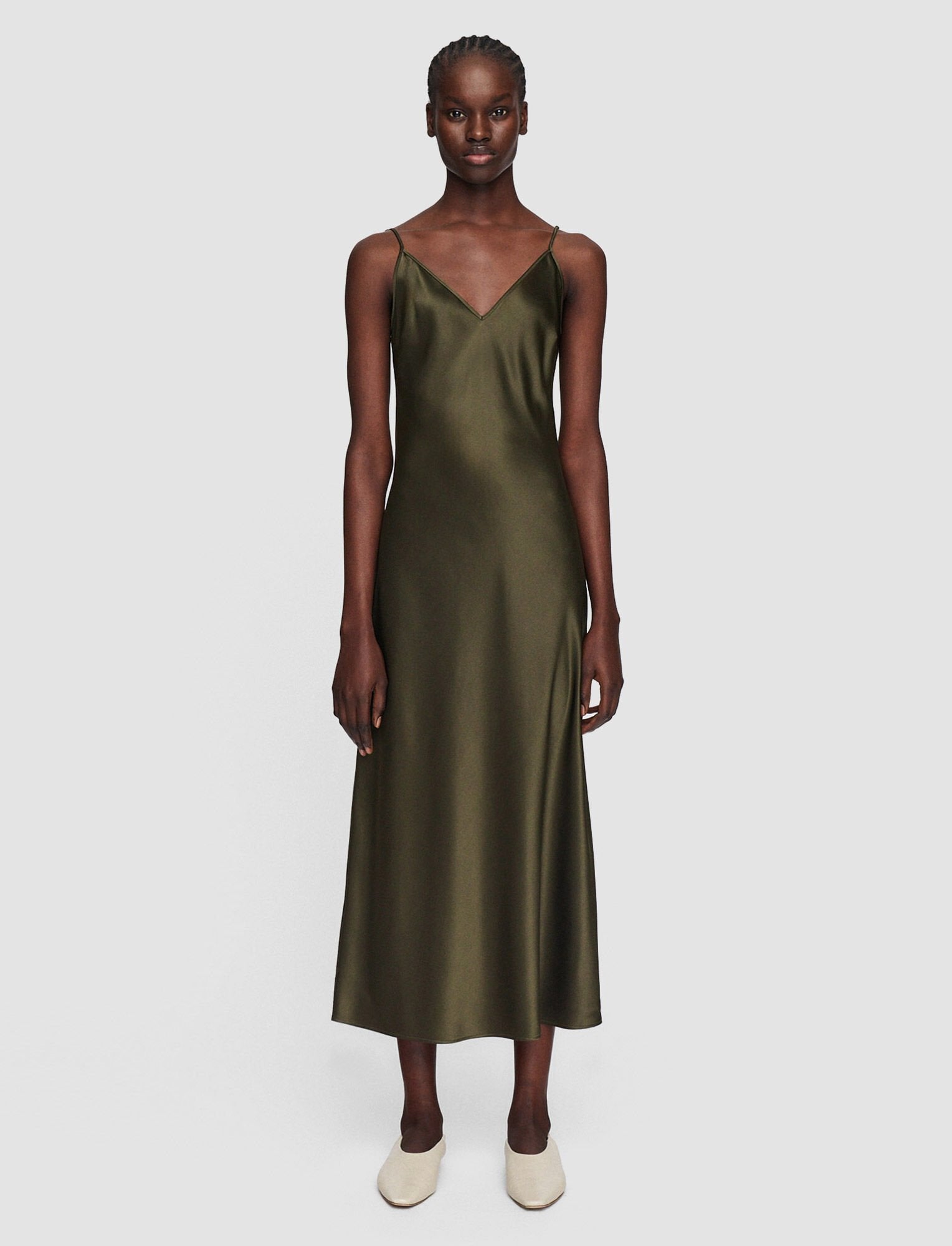 Joseph Silk Satin Clea Dress - Avocado | Garmentory Joseph Silk Satin Clea Dress - Avocado | Garmentory