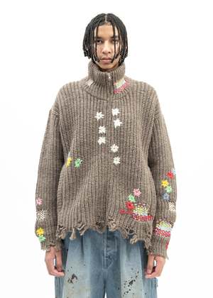 Doublet Darning Cut Off Drivers Knit Sweater - Camel | Garmentory