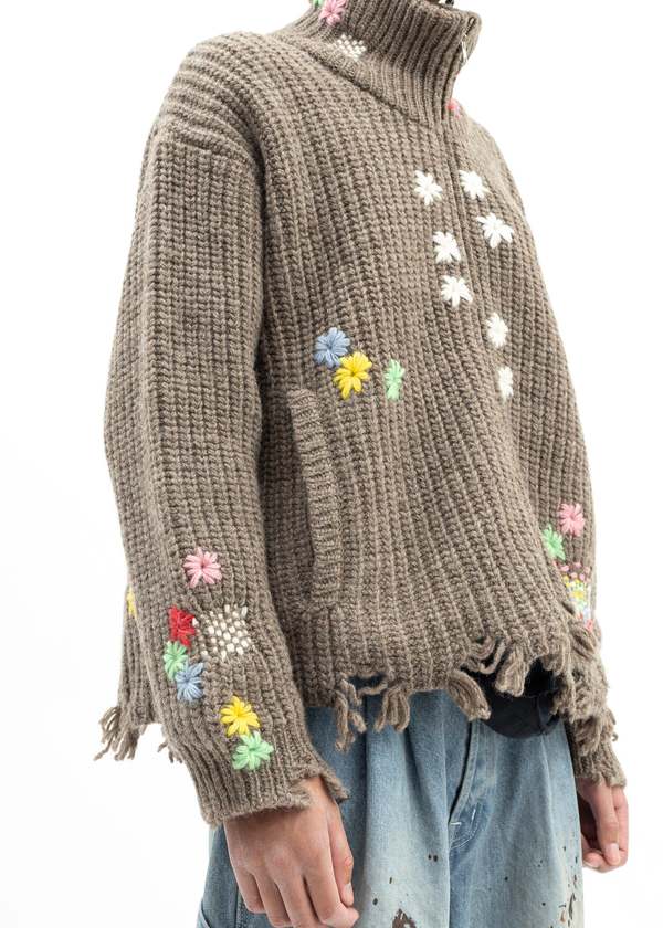 Doublet Darning Cut Off Drivers Knit Sweater - Camel | Garmentory