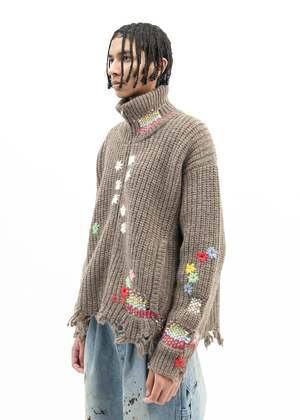 Doublet Darning Cut Off Drivers Knit Sweater - Camel | Garmentory