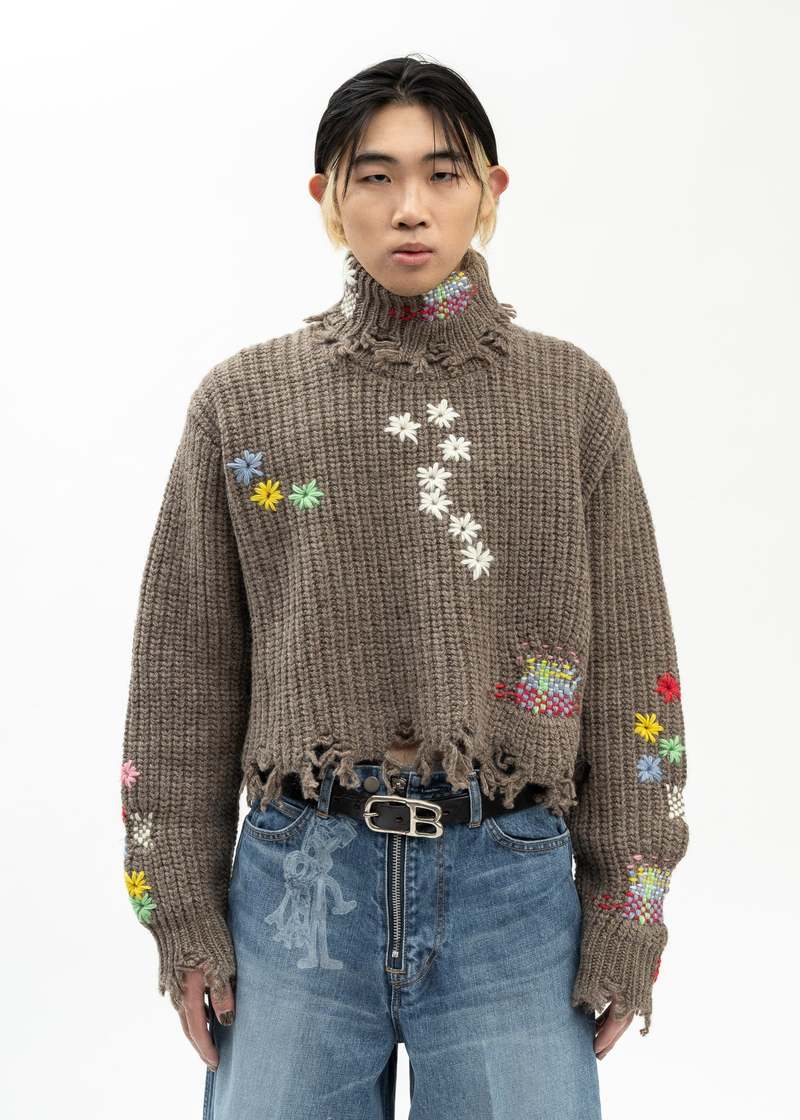 Doublet CAMEL DARNING CUT OFF KNIT PULLOVER - brown | Garmentory