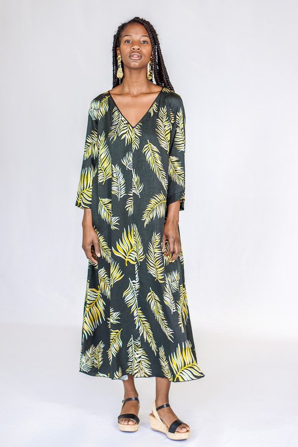 Giada Forte Desert Leaf Print V- Neck Silk Dress | Garmentory