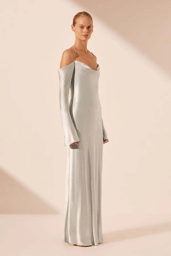 Shona Joy La Lune Off Shoulder Tie Maxi Dress - Silver | Garmentory Shona Joy La Lune Off Shoulder Tie Maxi Dress - Silver | Garmentory