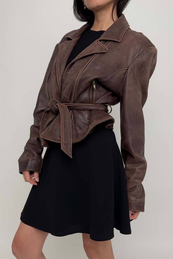 Vintage Cropped Leather Zip Up Jacket - Macchiato | Garmentory