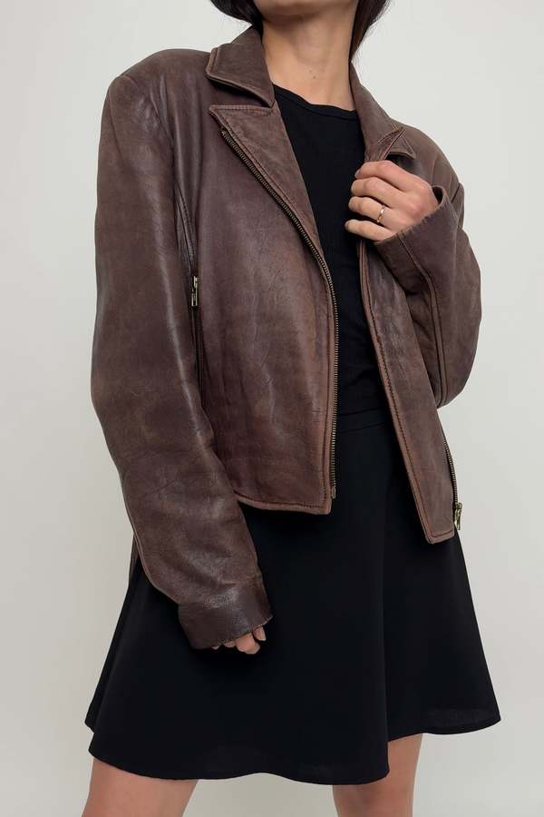 Vintage Cropped Leather Zip Up Jacket - Macchiato | Garmentory