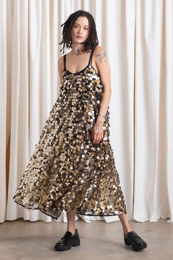 Ali Golden Full Hem Sequins Dress - Gold Flowers on Garmentory