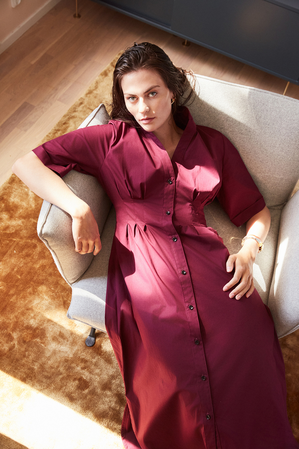 Studio Heijne sa Cotton-midi Length Shirt Dress - Bordeaux