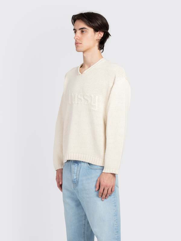 Stussy Embroided V-Neck Logo Sweater - Natural | Garmentory