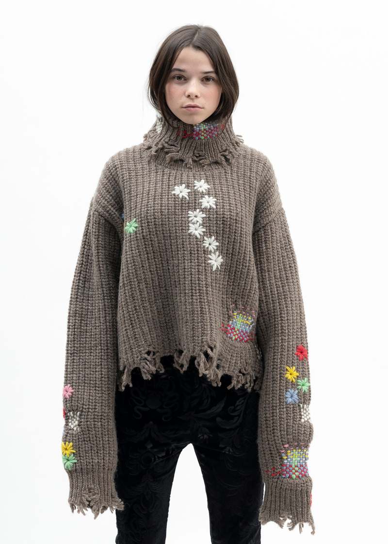 Doublet Darning Cut Off Knit Pullover - Camel | Garmentory
