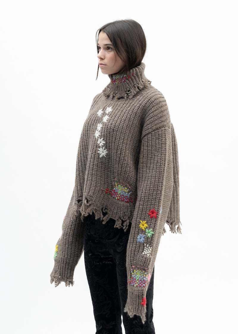 CAMEL DARNING CUT OFF KNIT PULLOVER | Garmentory