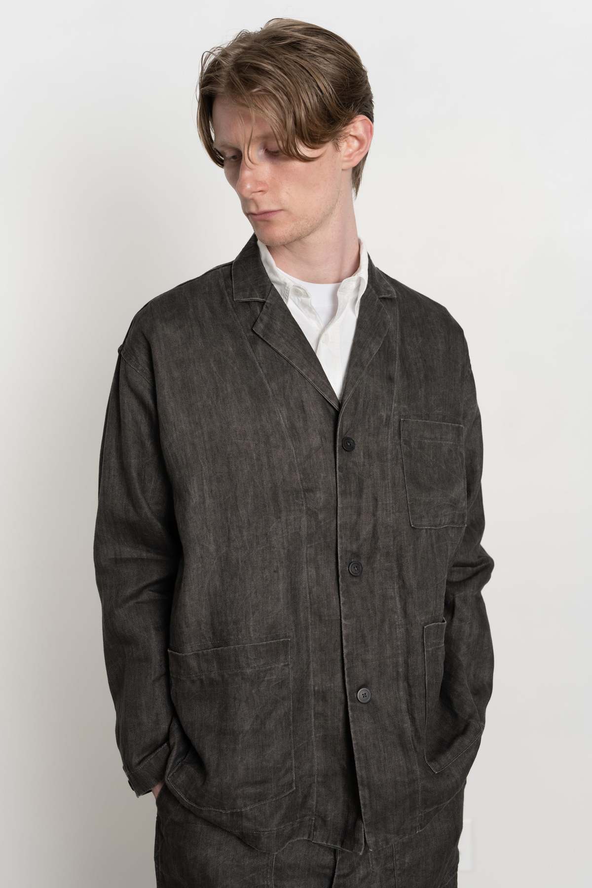 Orslow Sumi Dyed Linen Simple Work Jacket - Charcoal Grey