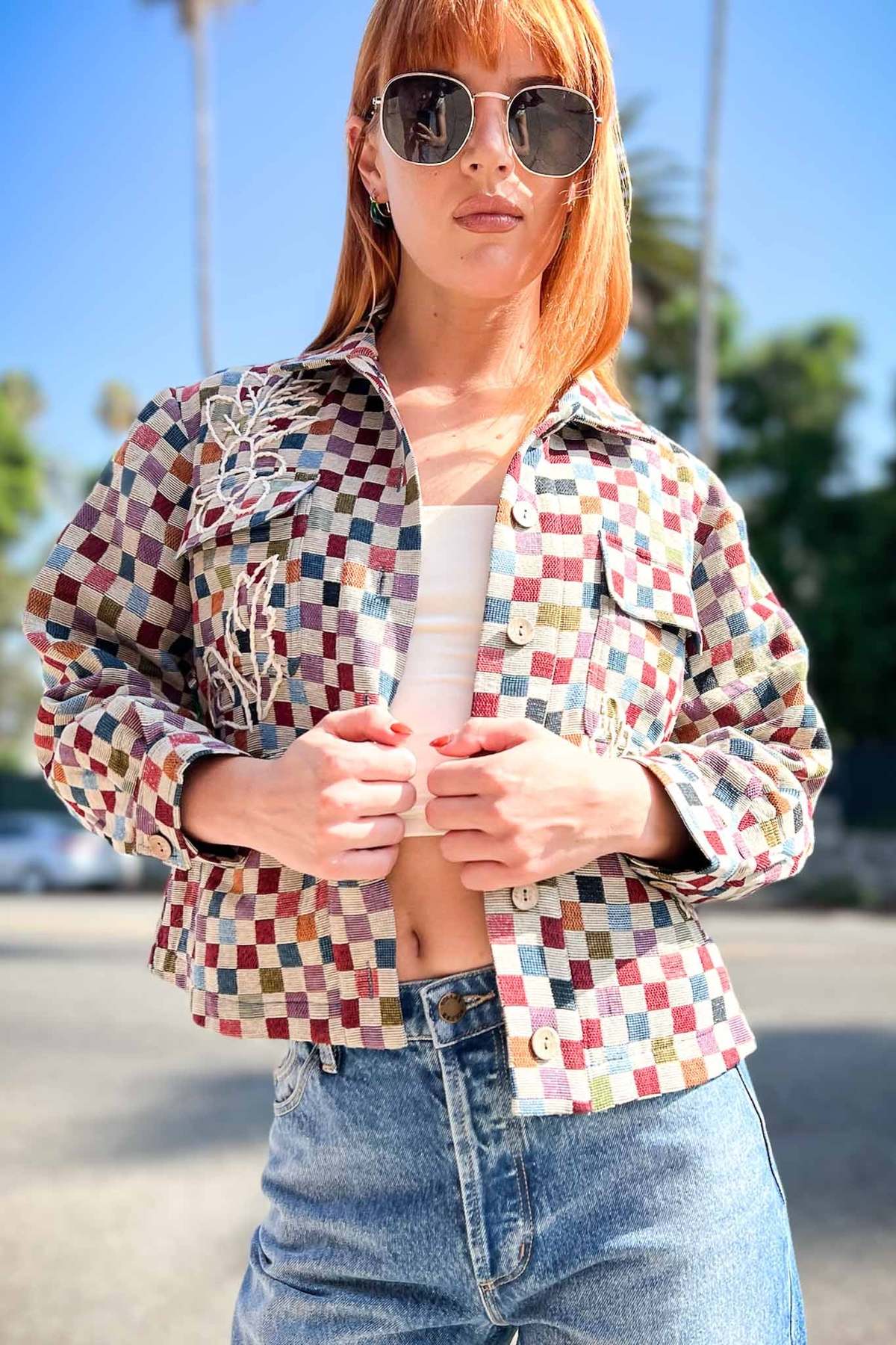 ジャケット・アウター CHECK EMBROIDERY NO COLLAR JACKET Checked-Embroidered-Jacket-