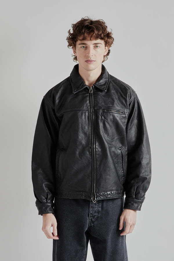 【BADBLOOD】Leather ma-1 jacket - washed black Herrnalise Men's Leather Jacket Fashion Stand Collar Punk