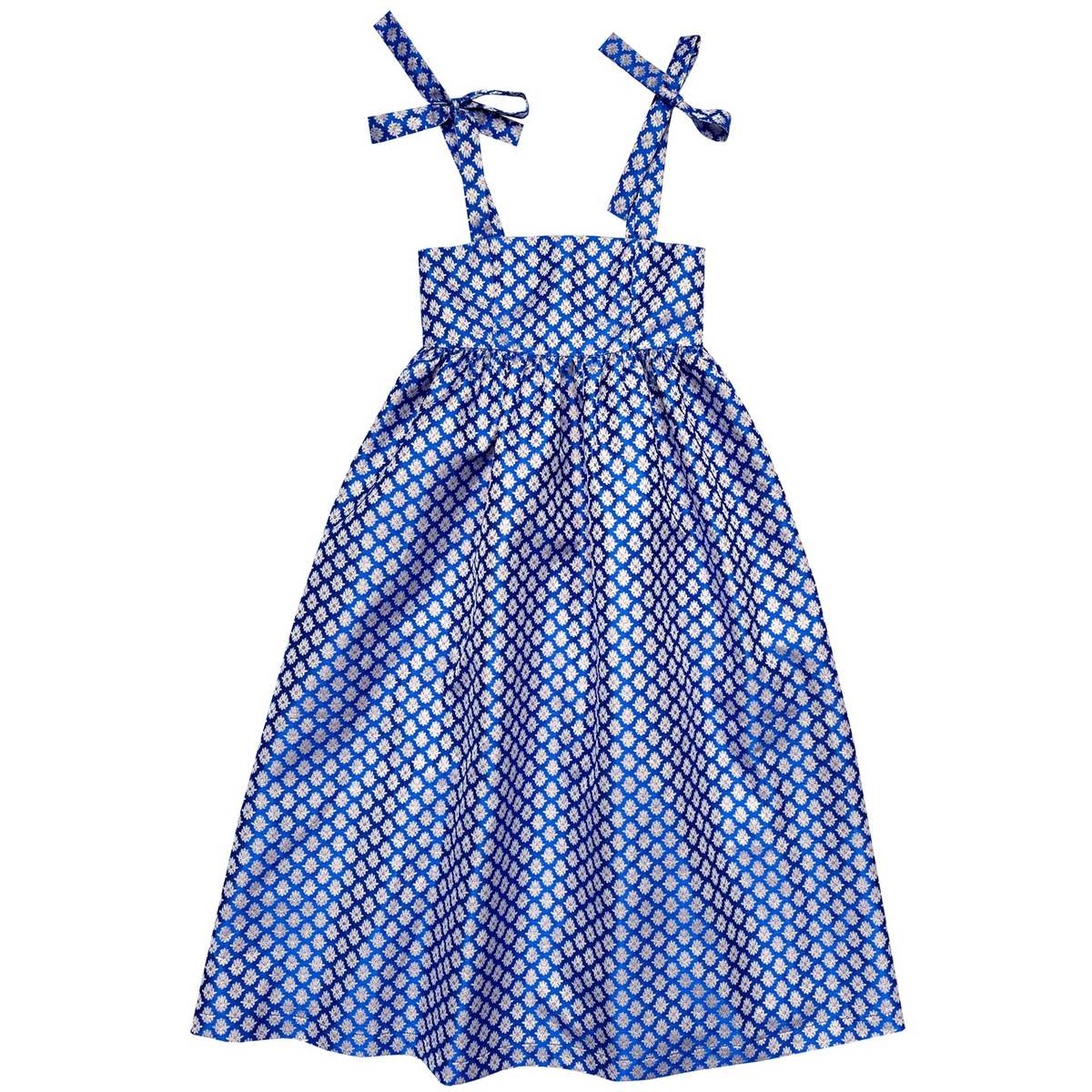 Ali Golden Tie Strap Dress - Blue/Gold Jacquard | Garmentory