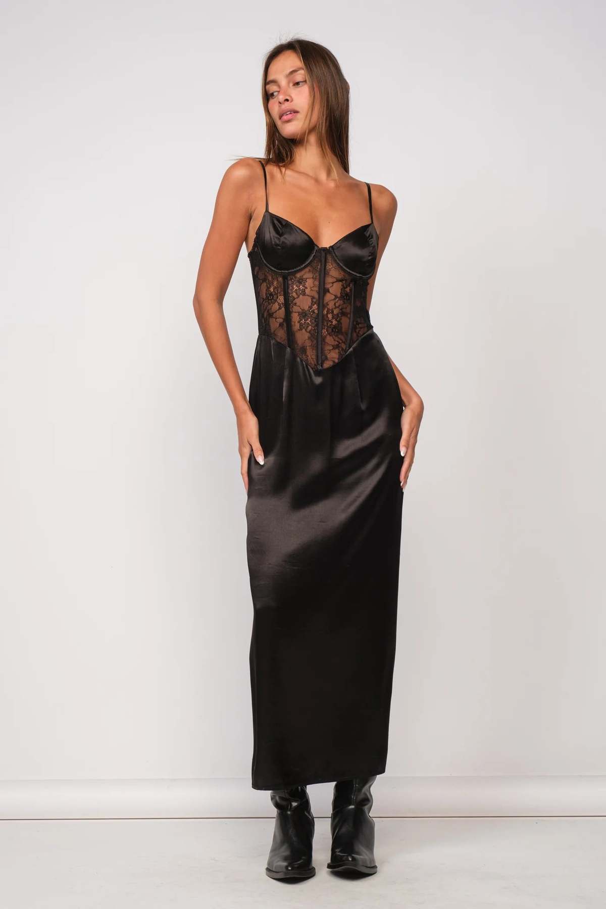 chinese dress ladies Lace and satin corset maxi dress black S056X010 – RASARIO main image 0