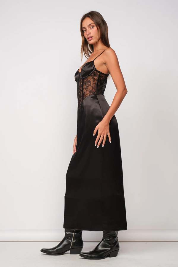 fitted lace wedding dress Villa Gown black satin corset long evening dress – Mia Bella Couture main image 1