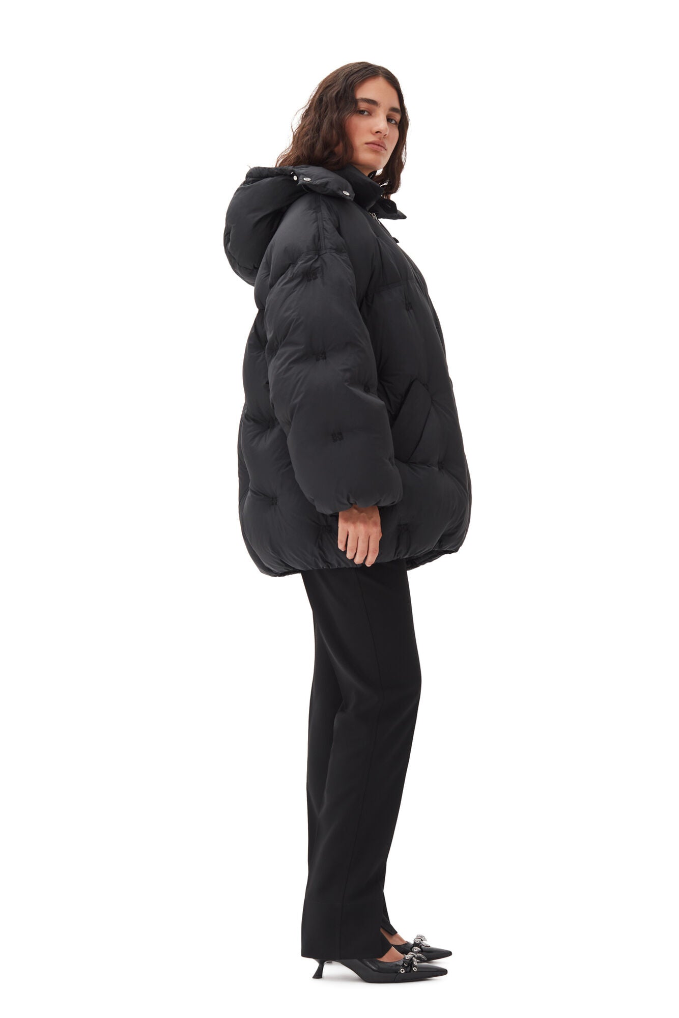Ganni NYLON TECH PUFFER MIDI JACKET - BLACK GANNI LOGO
