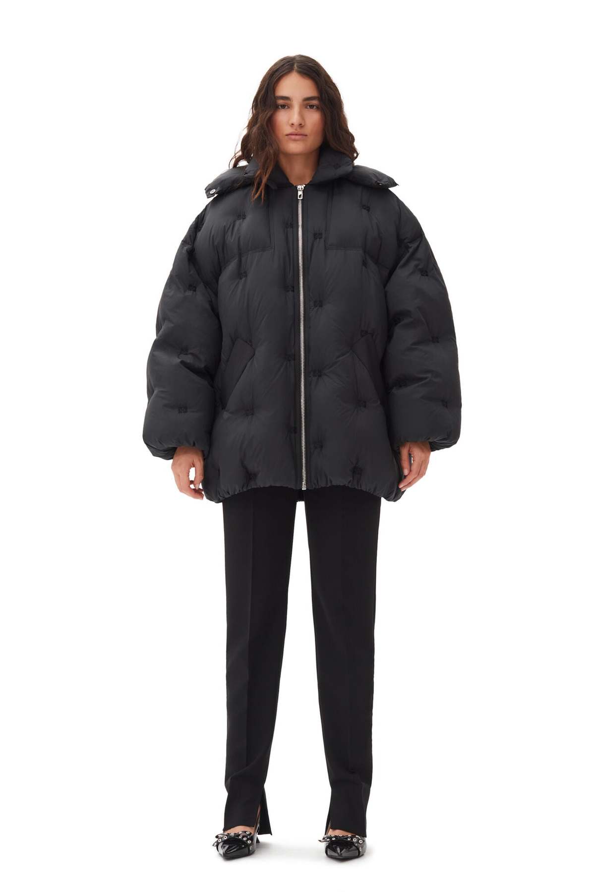 Ganni NYLON TECH PUFFER MIDI JACKET - BLACK GANNI LOGO