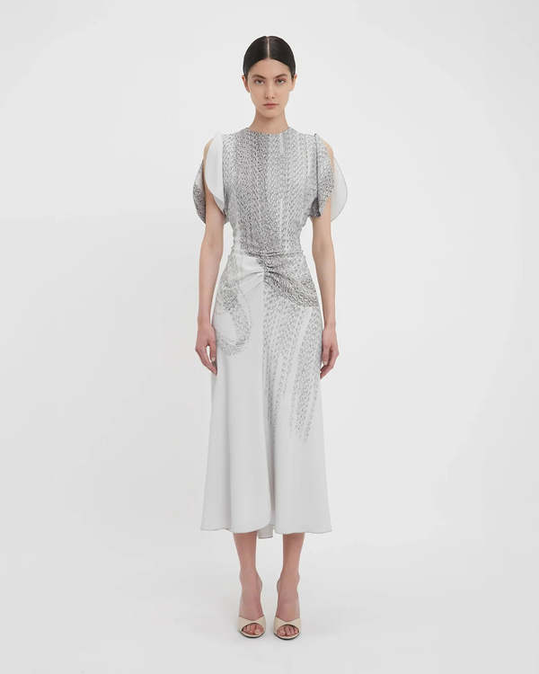 Victoria Beckham Gathered Waist Midi Dress - Grey Mist-Silver on Garmentory