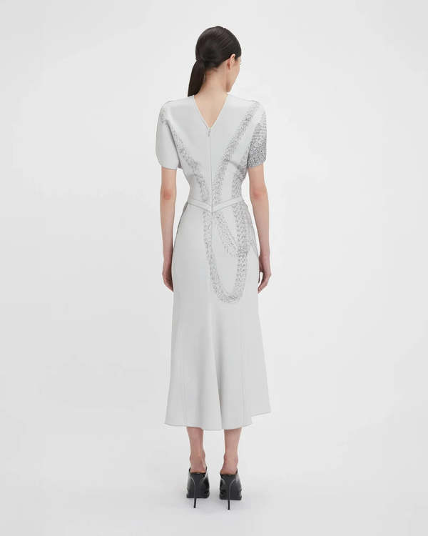 Victoria Beckham Gathered Waist Midi Dress - Grey Mist-Silver | Garmentory