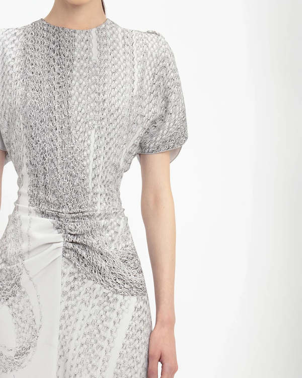 Victoria Beckham Gathered Waist Midi Dress - Grey Mist-Silver | Garmentory