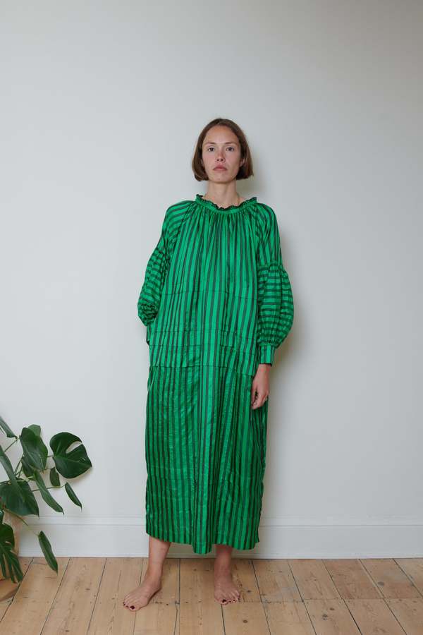 Tidy Street General Store Runaway Bicycle Stripe Silk Dress - Green | Garmentory Tidy Street General Store Runaway Bicycle Stripe Silk Dress - Green | Garmentory