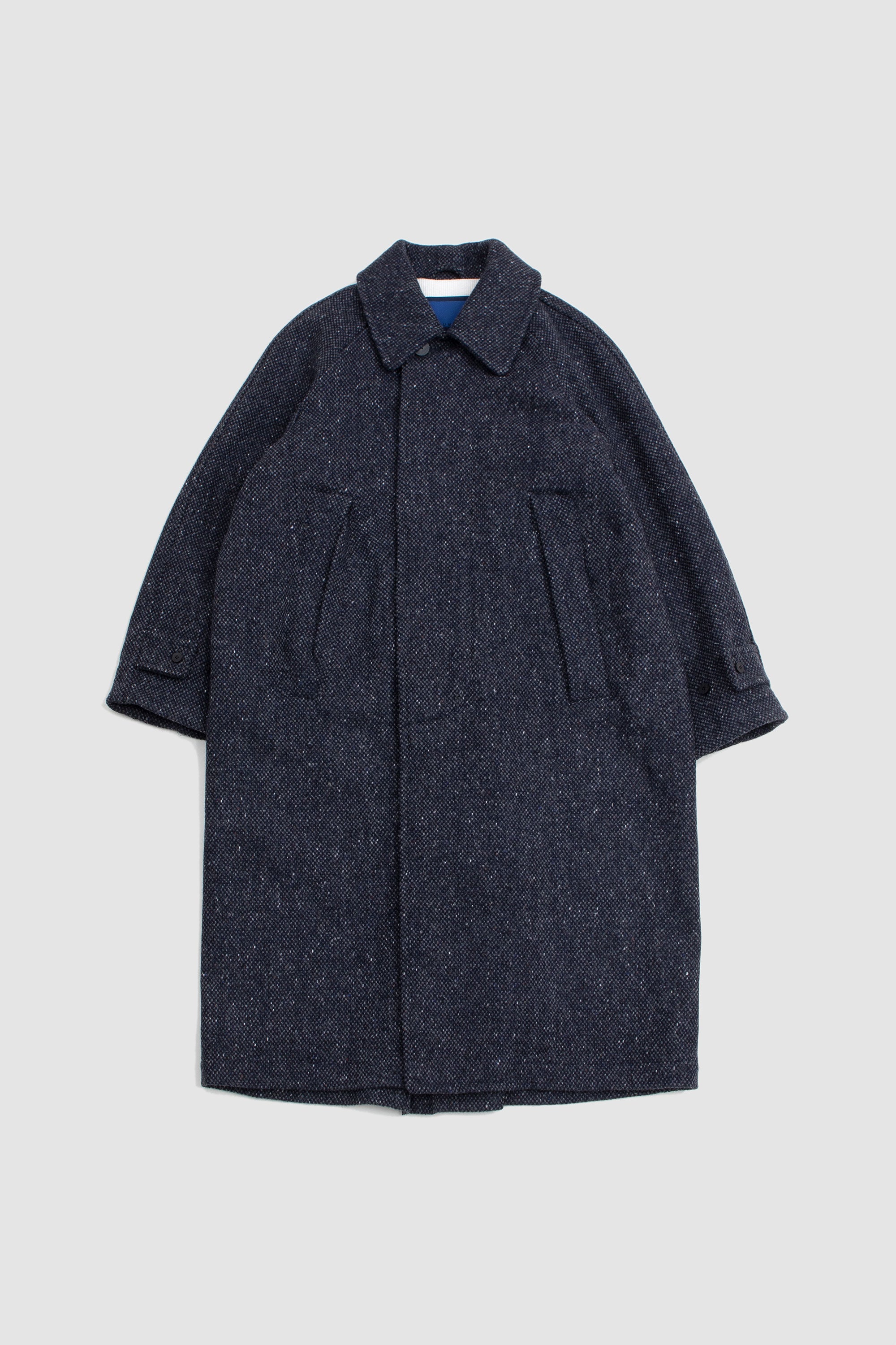 Donegal Tweed Inverted Pleats Balmacaan Coat - Navy | Garmentory
