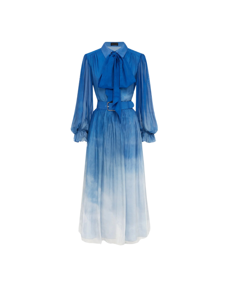 Leo Lin Cassie Tie Neck Midi Dress - Aeriral Print | Garmentory