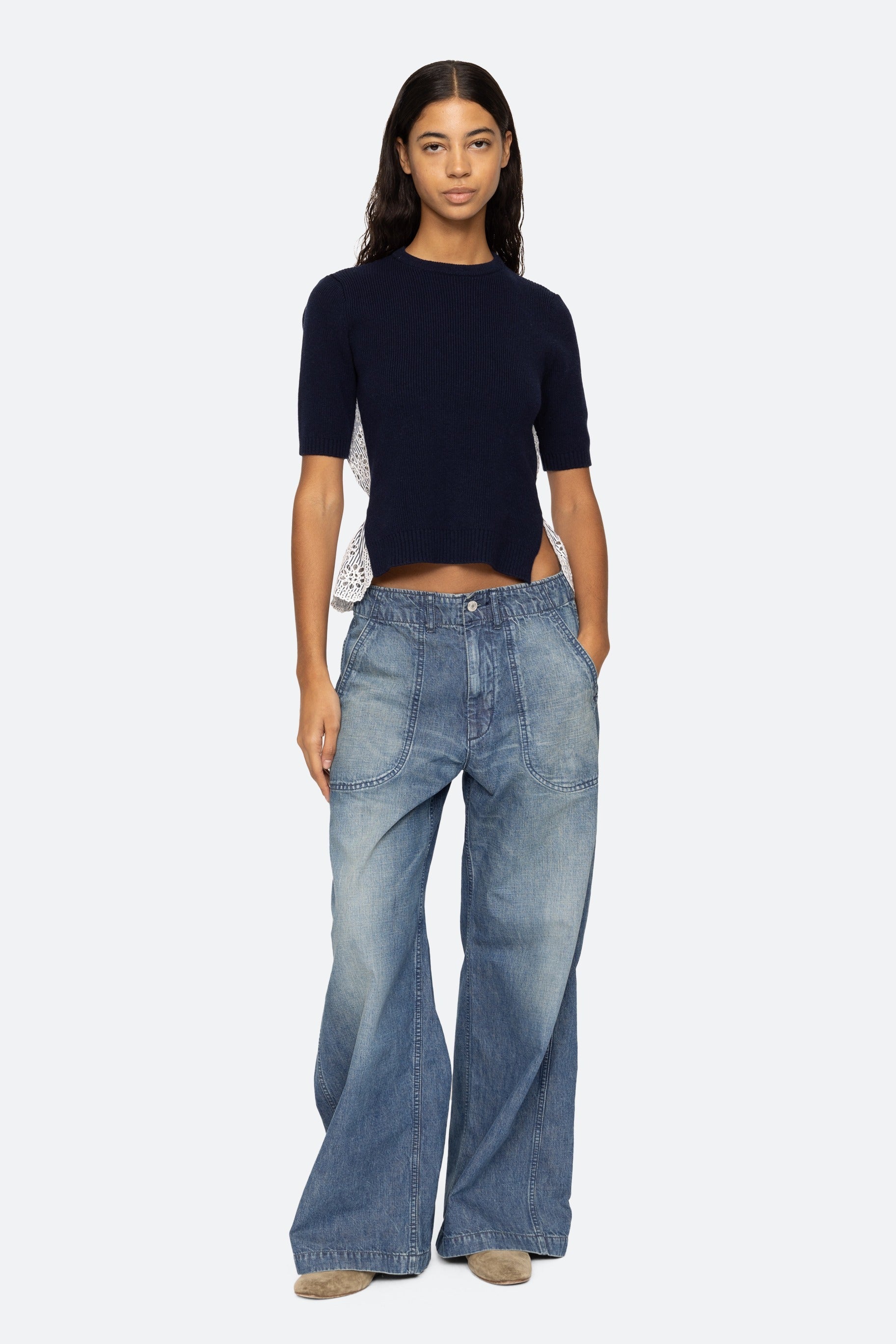 Sea NY LENNON EMBROIDERY S/SLV COMBO TOP - NAVY | Garmentory