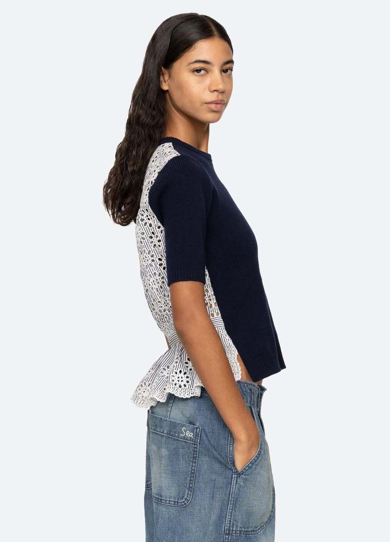 Sea NY LENNON EMBROIDERY S/SLV COMBO TOP - NAVY | Garmentory