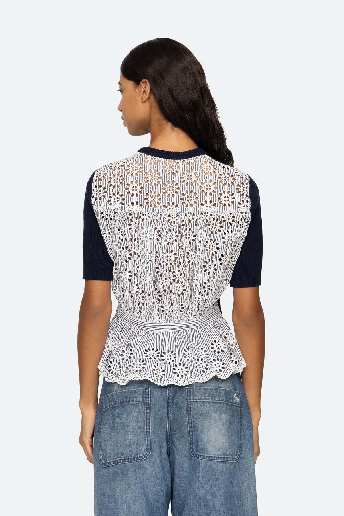 Sea NY LENNON EMBROIDERY S/SLV COMBO TOP - NAVY | Garmentory