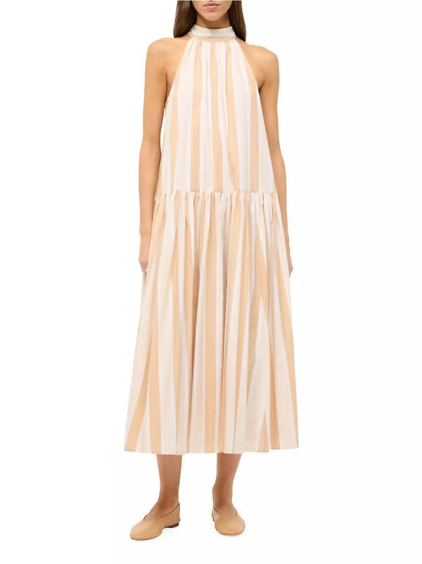 Staud MIDI MARLOWE DRESS - SAND STRIPE on Garmentory