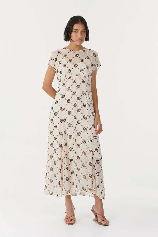 Third Form Cream Floral Motion Cap Sleeve Midi Dress - Cream | Garmentory Third Form Cream Floral Motion Cap Sleeve Midi Dress - Cream | Garmentory