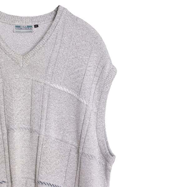 VIA CORTESA Patterned Stockinette Purl Knit Stitch Wool Blend V-Neck Sleeveless Sweater - Gray
